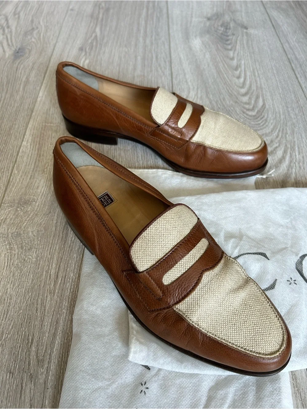 Walter Steiger Brown Leather & Cream Canvas Penny Loafers